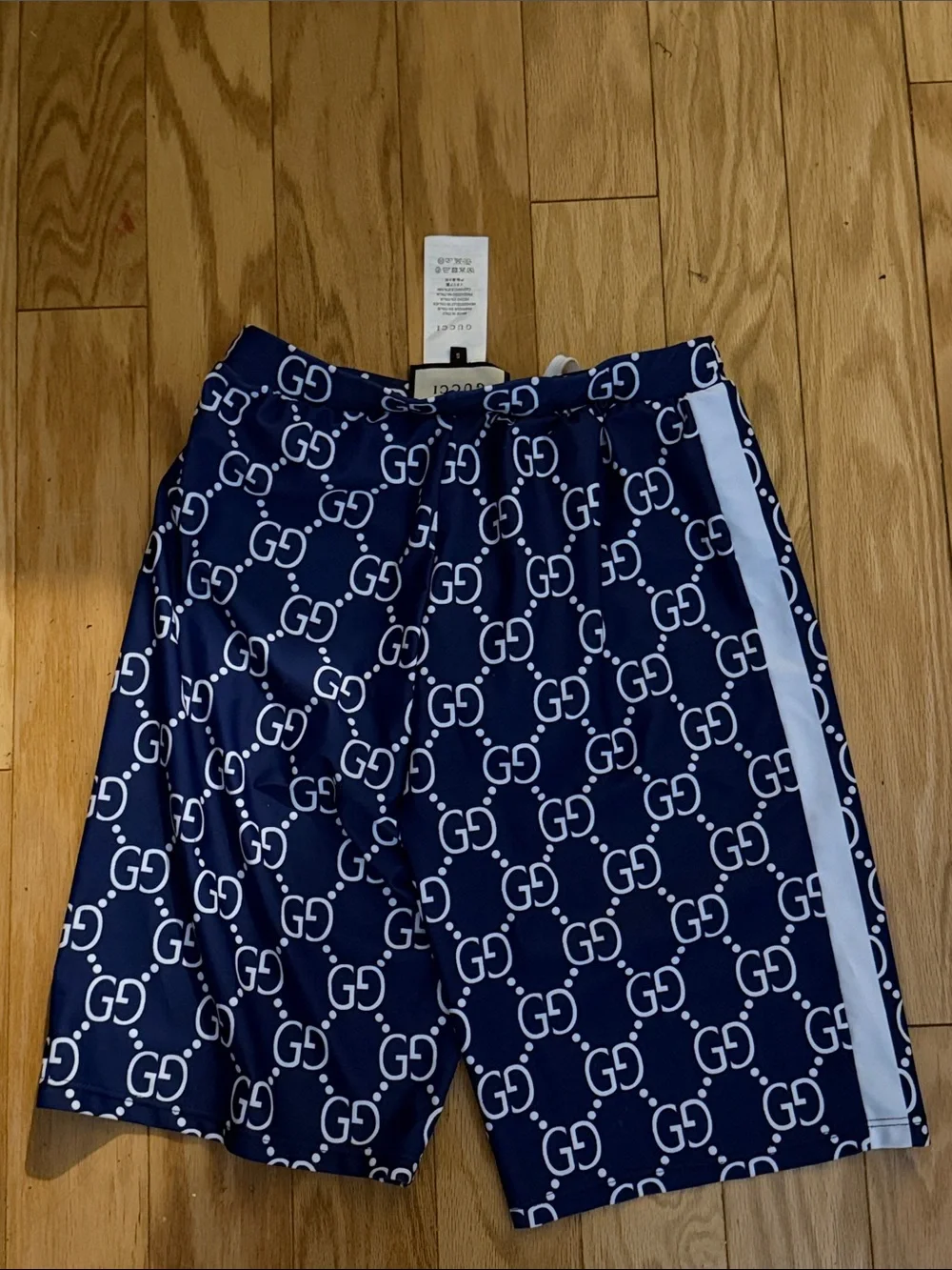 Gucci Men's Navy Blue GG-Print Swim Trunks with White Side Stripe